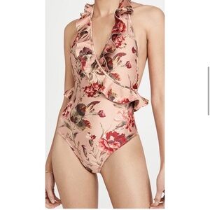 Zimmermann Blush Pink Floral Ruffle One-Piece Swimsuit